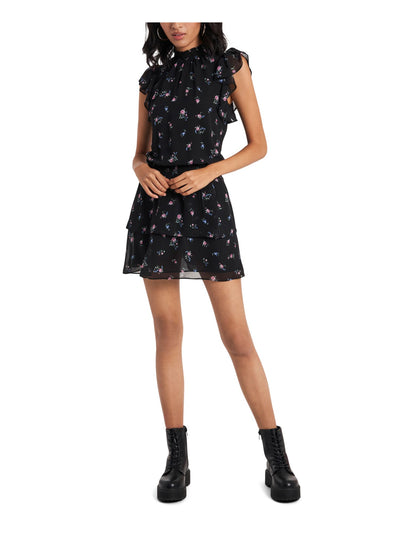 1. STATE Womens Black Ruffled Pleated Smocked Neck Floral Cap Sleeve Mini Drop Waist Dress L