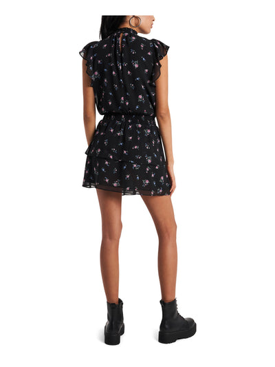 1. STATE Womens Black Ruffled Pleated Smocked Neck Floral Cap Sleeve Mini Drop Waist Dress L