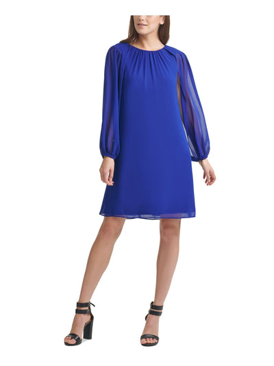 DKNY Womens Blue Stretch Sheer Long Sleeve Crew Neck Short Wear To Work Shift Dress 6