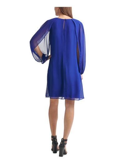 DKNY Womens Blue Stretch Sheer Long Sleeve Crew Neck Short Wear To Work Shift Dress 2