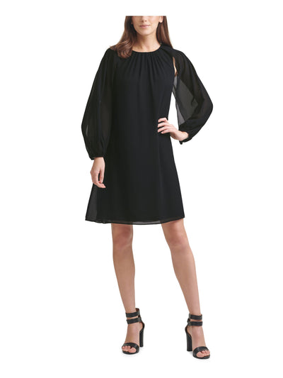 DKNY Womens Black Stretch Sheer Jewel Neck Short Formal Shift Dress 4