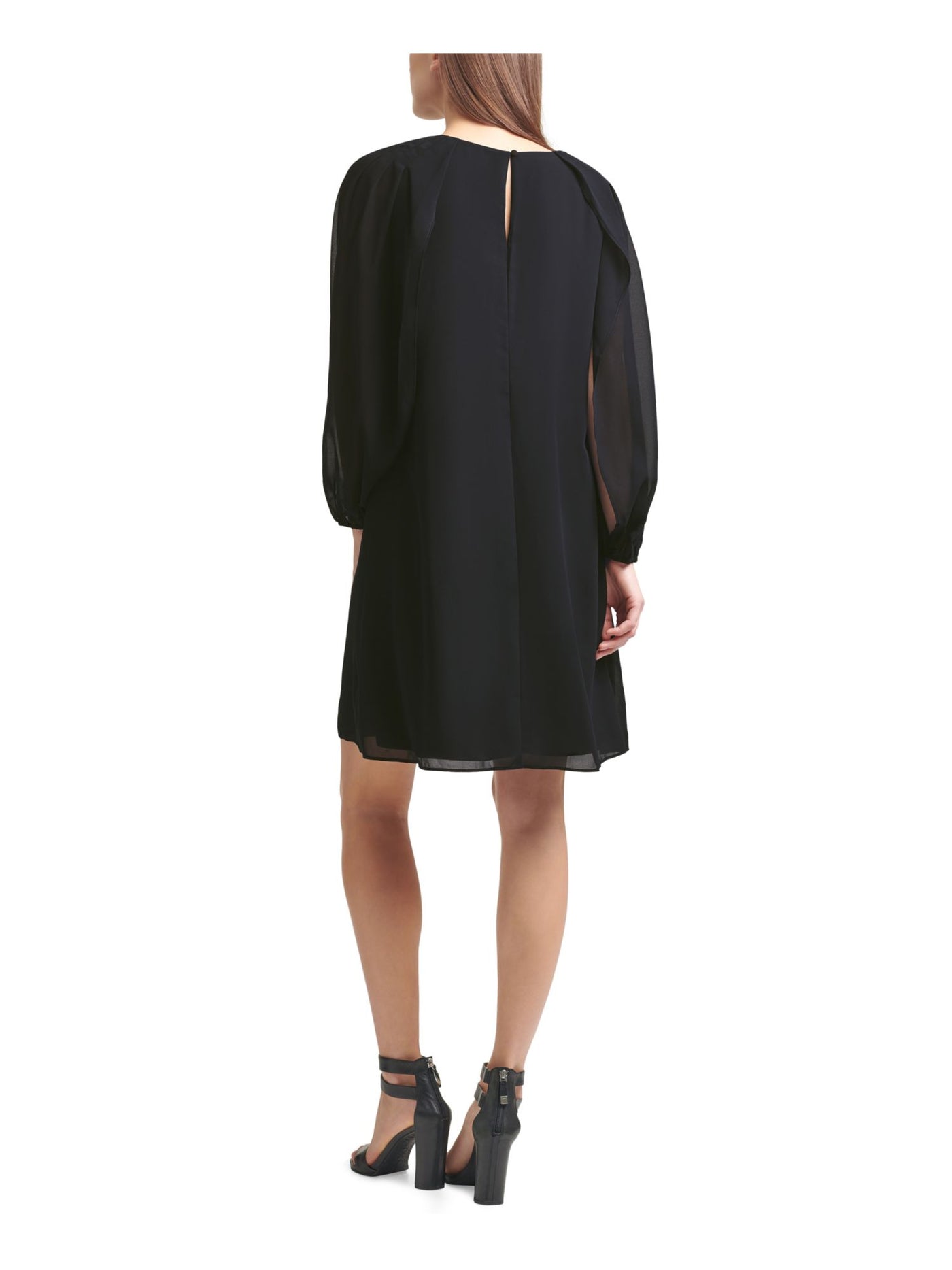 DKNY Womens Black Stretch Sheer Jewel Neck Short Formal Shift Dress 4