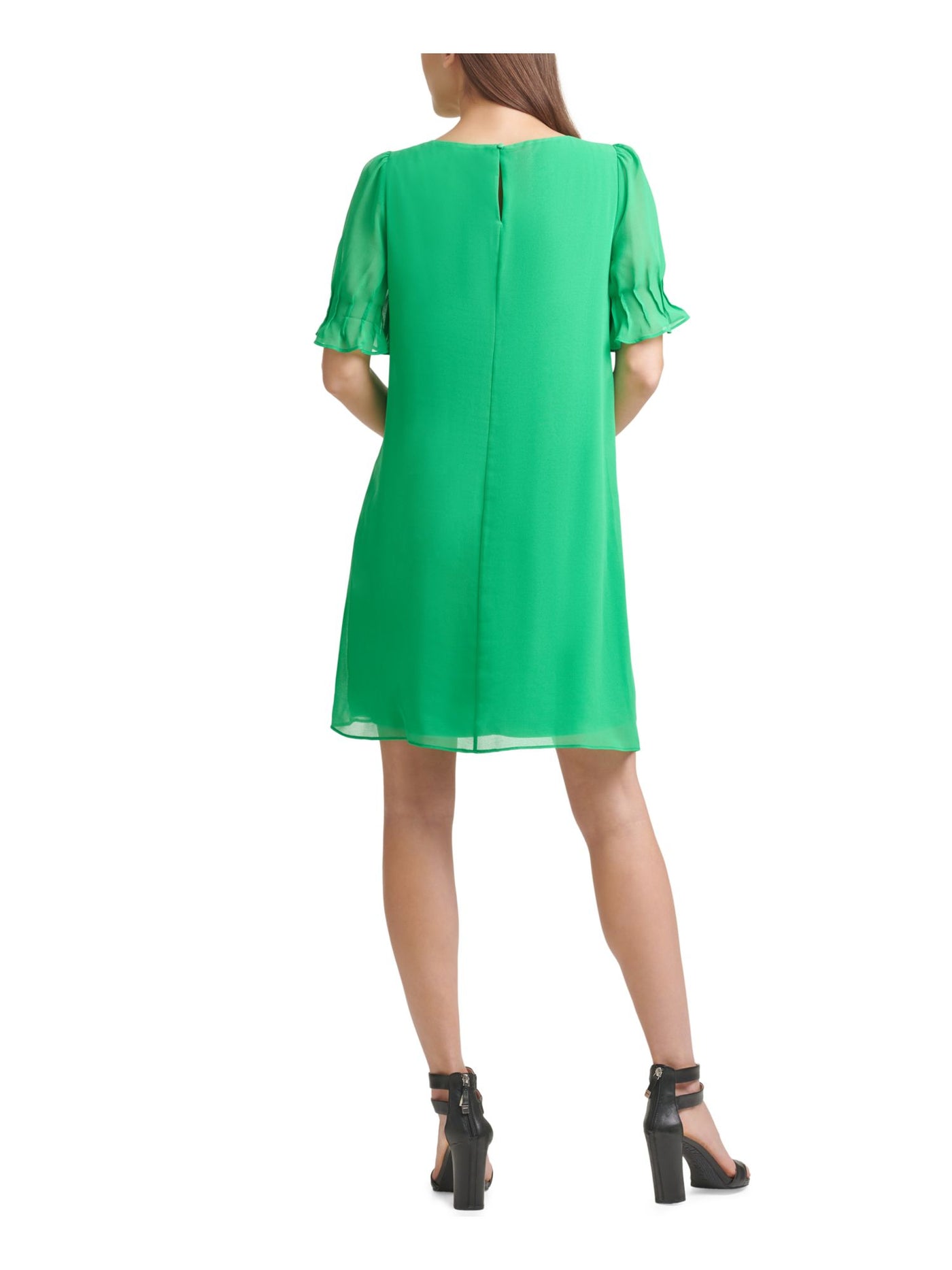 DKNY Womens Green Pleated Sheer Lined  Back Button Closure Short Sleeve Jewel Neck Short Evening Shift Dress 4