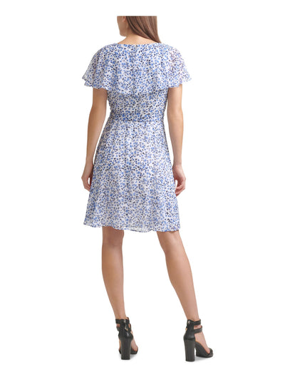 DKNY Womens Blue Zippered Belted Sheer Lined Floral Flutter Sleeve Surplice Neckline Short Evening Faux Wrap Dress 16