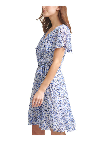 DKNY Womens Blue Zippered Belted Sheer Lined Floral Flutter Sleeve Surplice Neckline Short Evening Faux Wrap Dress 2