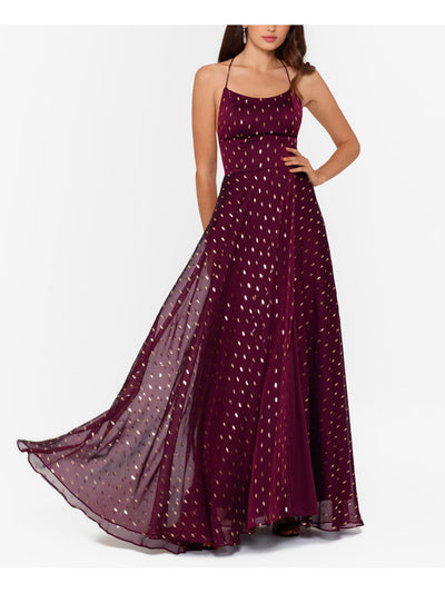 BETSY & ADAM Womens Purple Zippered Metallic Chiffon Printed Spaghetti Strap Scoop Neck Full-Length Evening Gown Dress 6