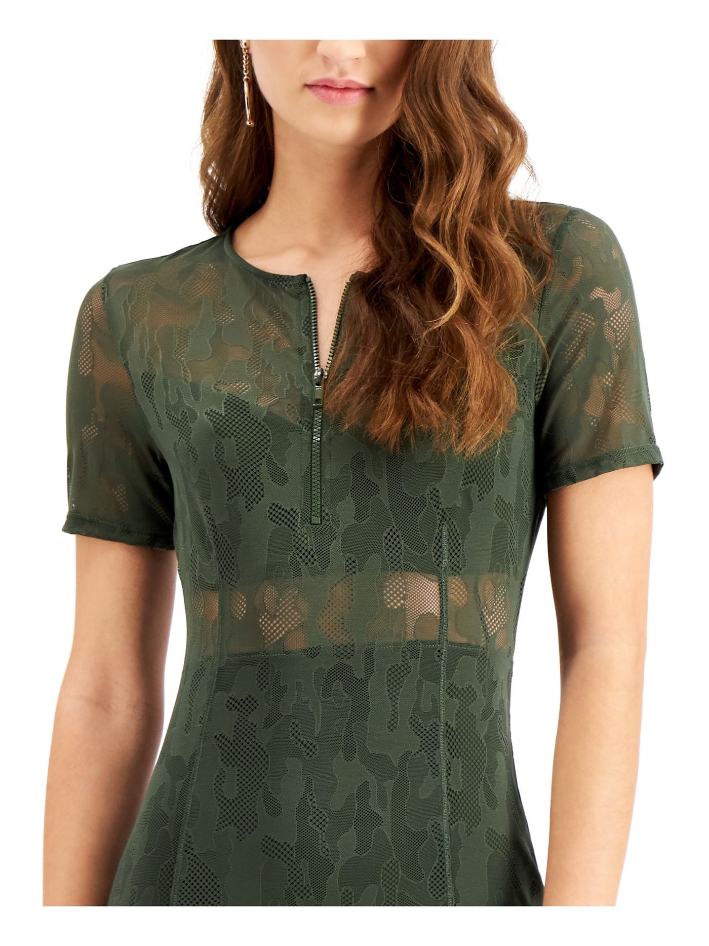 GUESS Womens Green Cut Out Zippered Mesh Camouflage Short Sleeve Jewel Neck Mini Party Body Con Dress L