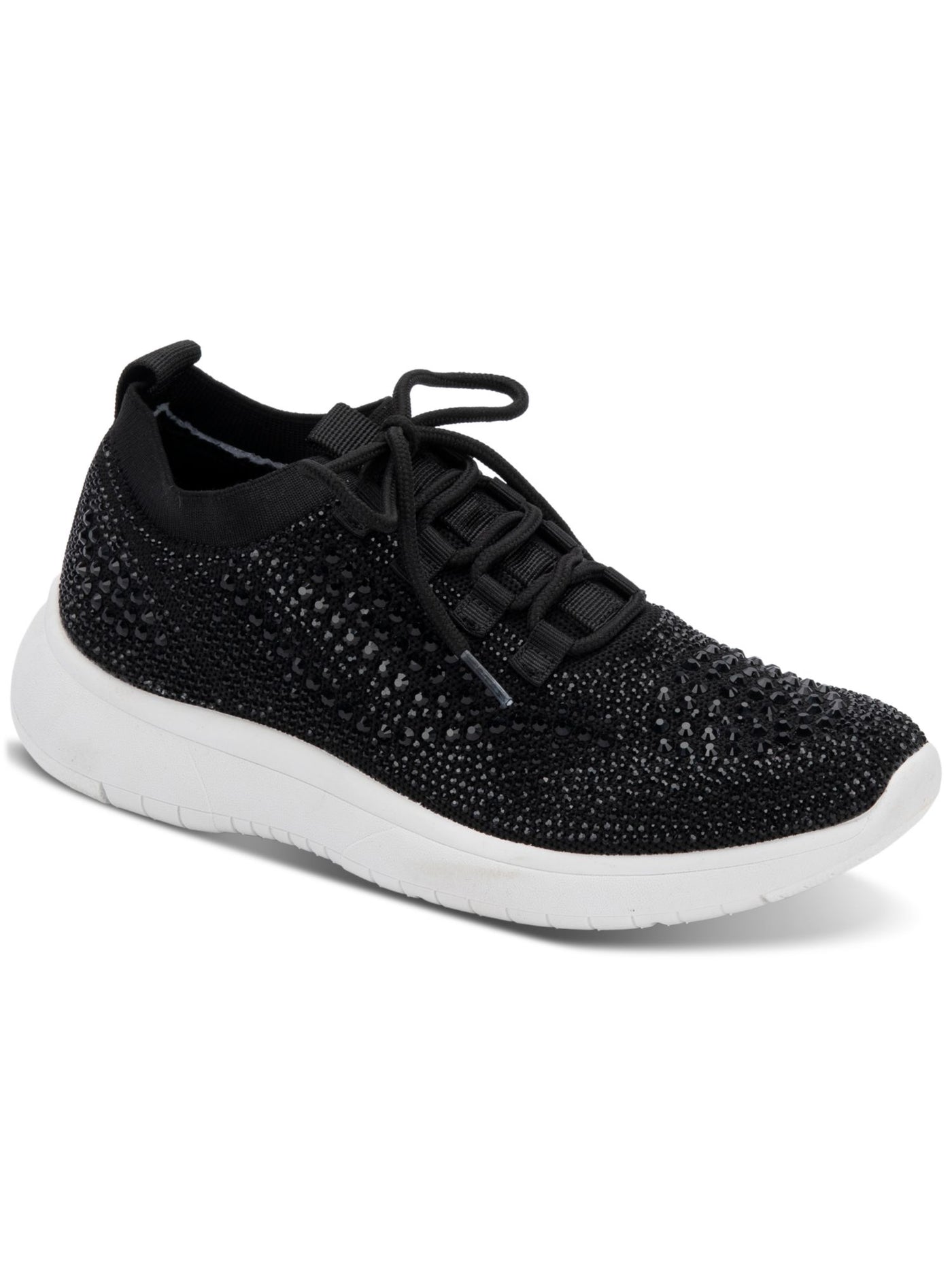 AQUA COLLEGE Womens Black Rhinestone Dual Pull-Tab Breathable Padded Kali Round Toe Wedge Lace-Up Sneakers Shoes 6.5 M