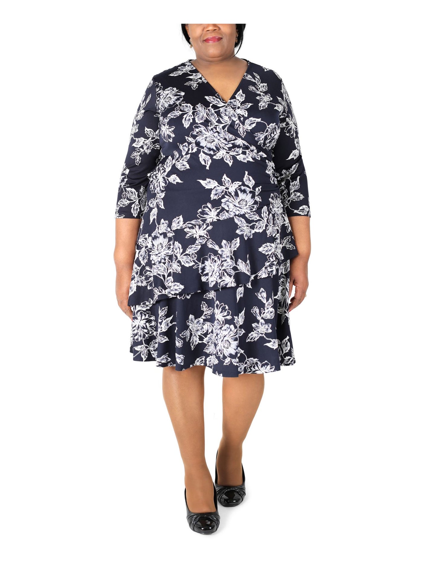 SIGNATURE BY ROBBIE BEE Womens Navy Gathered Ruffled Tiered Floral 3/4 Sleeve Surplice Neckline Below The Knee Wear To Work Fit + Flare Dress Plus 1X