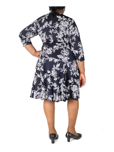 SIGNATURE BY ROBBIE BEE Womens Navy Gathered Ruffled Tiered Floral 3/4 Sleeve Surplice Neckline Below The Knee Wear To Work Fit + Flare Dress Plus 1X