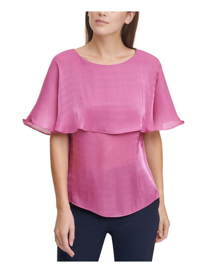 DKNY Womens Pink Sheer Cape Overlay Sleeveless Crew Neck Wear To Work Top L