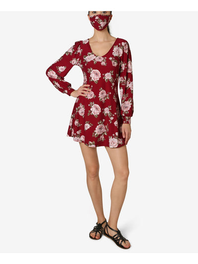 ULTRA FLIRT Womens Maroon Floral Long Sleeve Scoop Neck Short Sheath Dress S