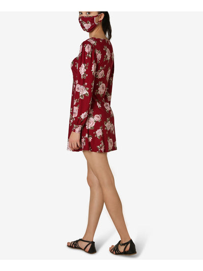 ULTRA FLIRT Womens Burgundy Floral Long Sleeve Scoop Neck Short Sheath Dress XS