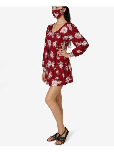 ULTRA FLIRT Womens Burgundy Floral Long Sleeve Scoop Neck Short Sheath Dress M