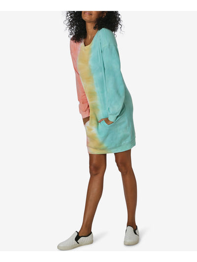 ULTRA FLIRT Womens Turquoise Tie Dye Long Sleeve Crew Neck Short Shift Dress S