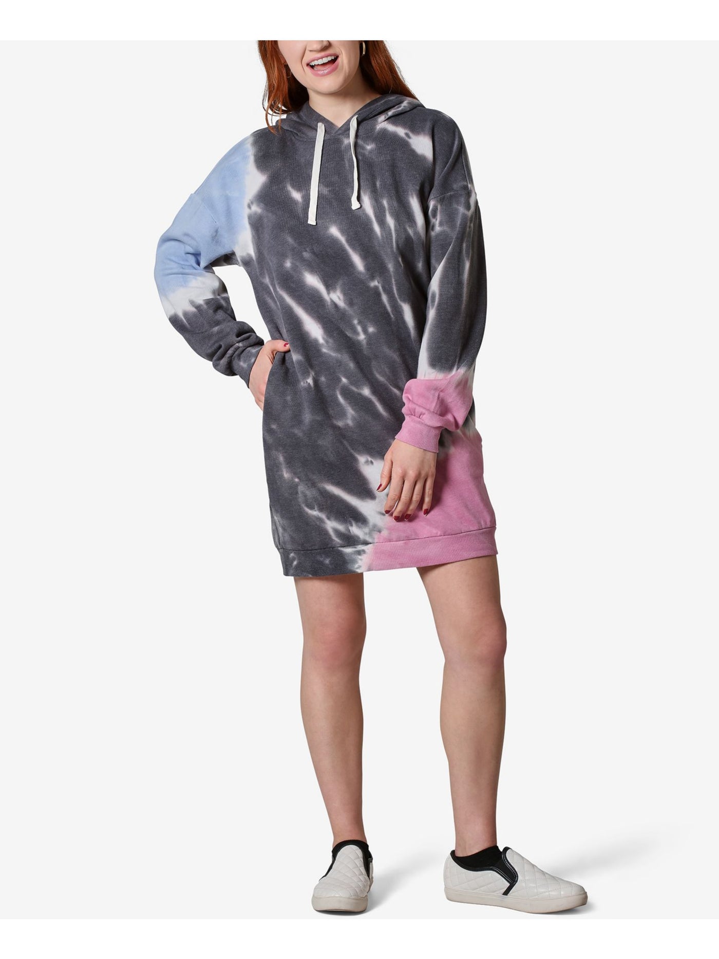 ULTRA FLIRT Womens Blue Hooded Tie Dye Long Sleeve Short Dress L