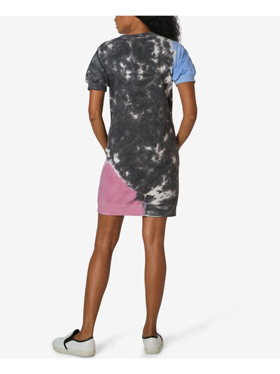 ULTRA FLIRT Womens Gray Jersey Short Length Pocketed Ribbed Tie Dye Pouf Crew Neck Mini Shift Dress S