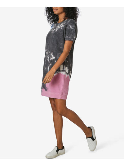 ULTRA FLIRT Womens Gray Jersey Short Length Pocketed Ribbed Tie Dye Pouf Crew Neck Mini Shift Dress S