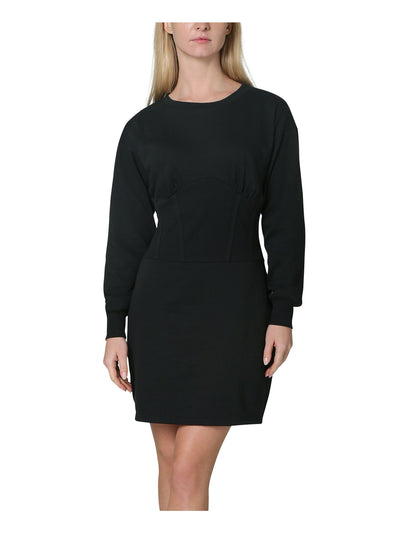 NO COMMENT Womens Black Long Sleeve Crew Neck Short Party Sheath Dress M