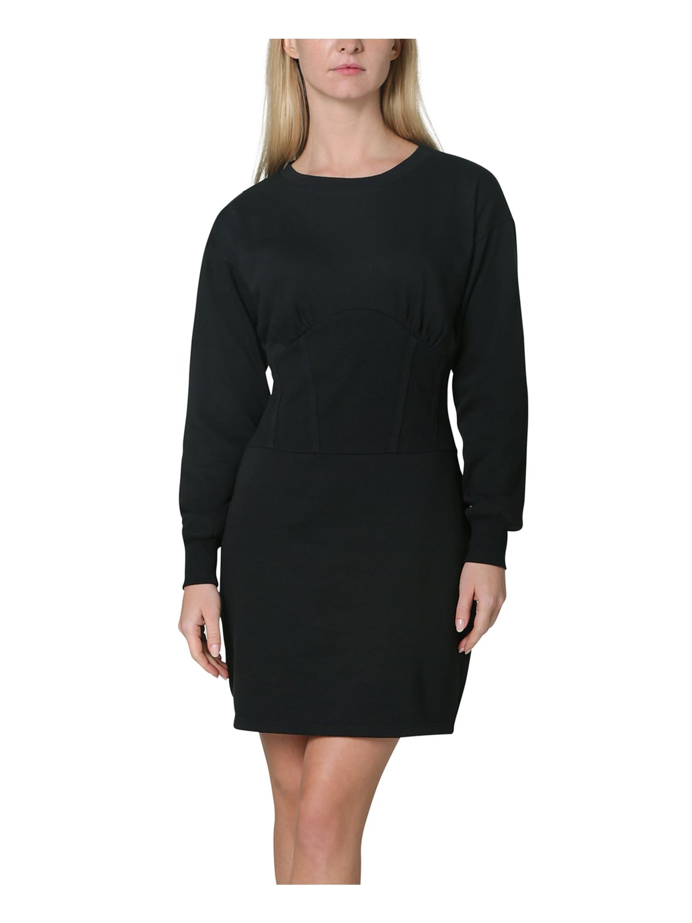 NO COMMENT Womens Black Long Sleeve Crew Neck Short Party Sheath Dress L