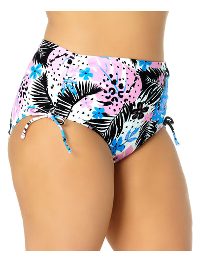 CALIFORNIA WAVES Women's Multi Color Printed Stretch Cinched Side-Tie Bikini Moderate Coverage Strappy High Waisted Swimsuit Bottom 2X