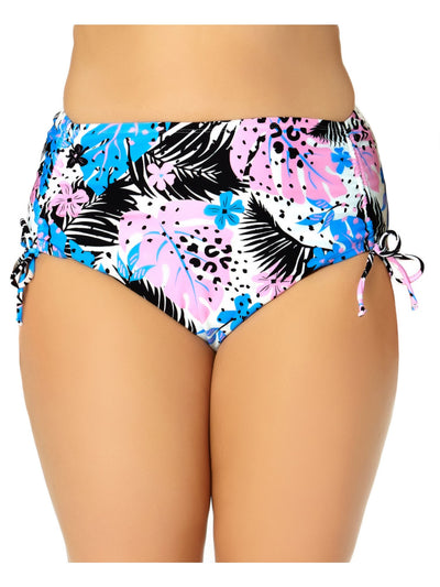 CALIFORNIA WAVES Women's White Tropical Print Stretch Cinched Lined Moderate Coverage Tie High Waisted Swimsuit Bottom 3X