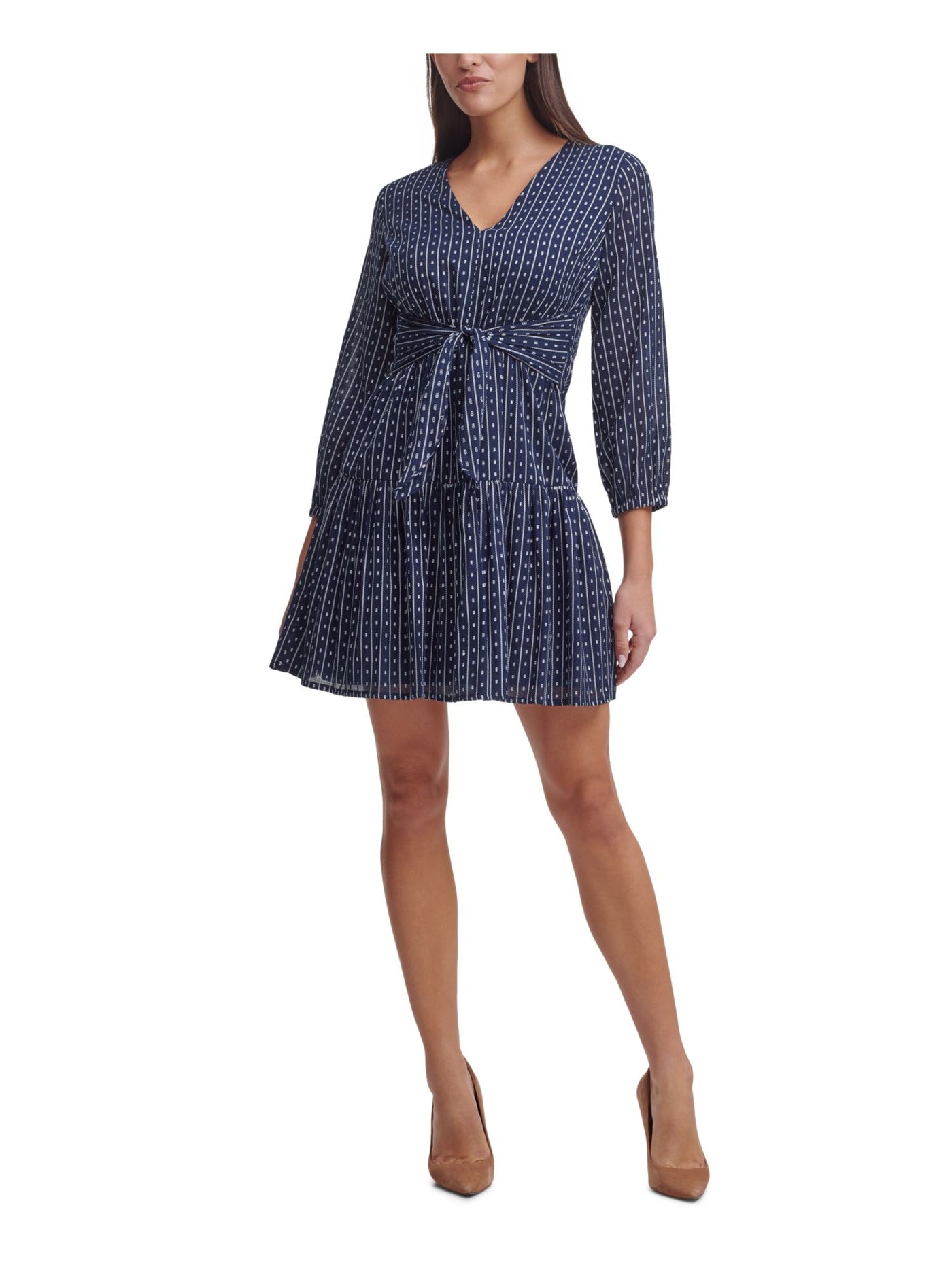 TOMMY HILFIGER Womens Navy Zippered Fitted Sash Tie Unlined Printed 3/4 Sleeve V Neck Mini Party Fit + Flare Dress Petites 4P