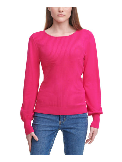CALVIN KLEIN Womens Pink Balloon Sleeve Scoop Neck Sweater S