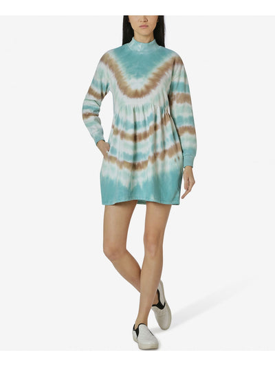 ULTRA FLIRT Womens Light Blue Tie Dye Long Sleeve Mock Neck Short Shift Dress M