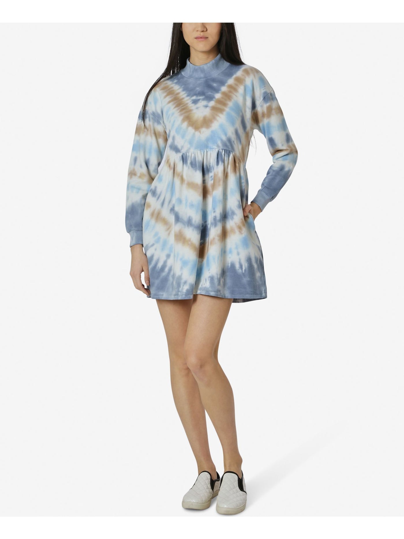 ULTRA FLIRT Womens Blue Tie Dye Long Sleeve Mock Neck Short Shift Dress S