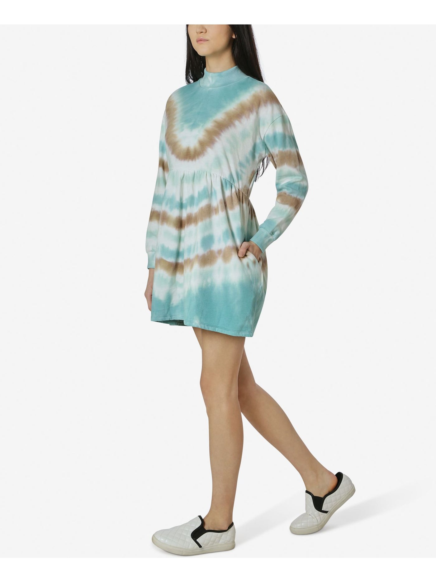 ULTRA FLIRT Womens Light Blue Tie Dye Long Sleeve Mock Neck Short Shift Dress M