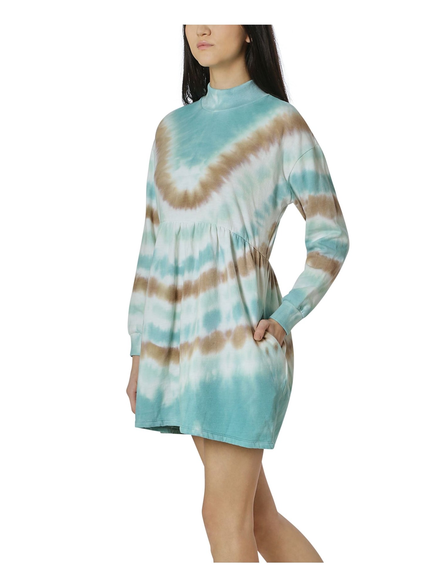 ULTRA FLIRT Womens Green Tie Dye Long Sleeve Mock Neck Short Shift Dress S
