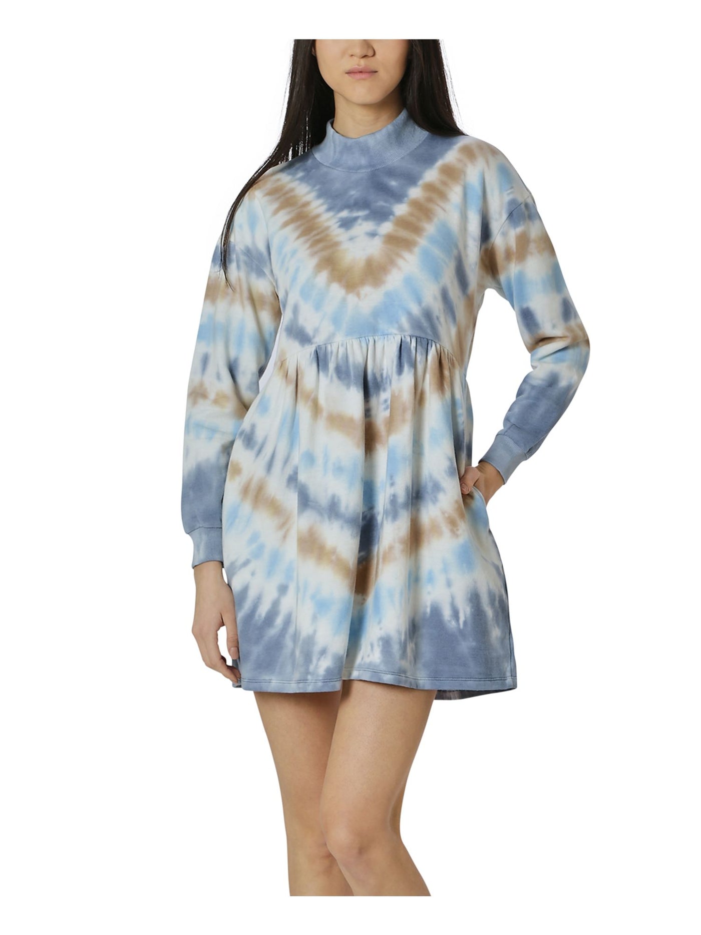 ULTRA FLIRT Womens Blue Tie Dye Long Sleeve Mock Neck Short Shift Dress S