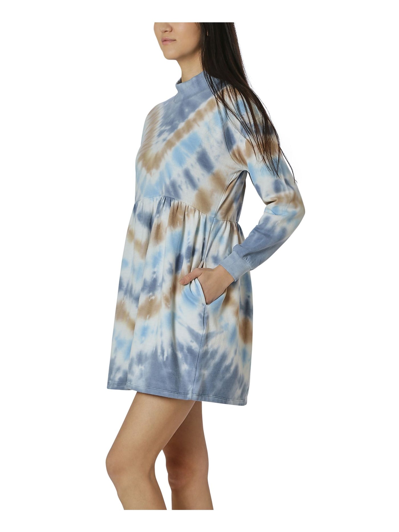 ULTRA FLIRT Womens Blue Tie Dye Long Sleeve Mock Neck Short Shift Dress L