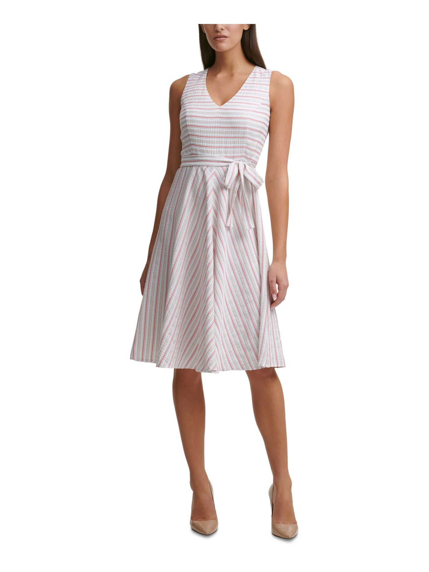 TOMMY HILFIGER Womens Ivory Zippered Tie Striped Sleeveless V Neck Knee Length Fit + Flare Dress 6