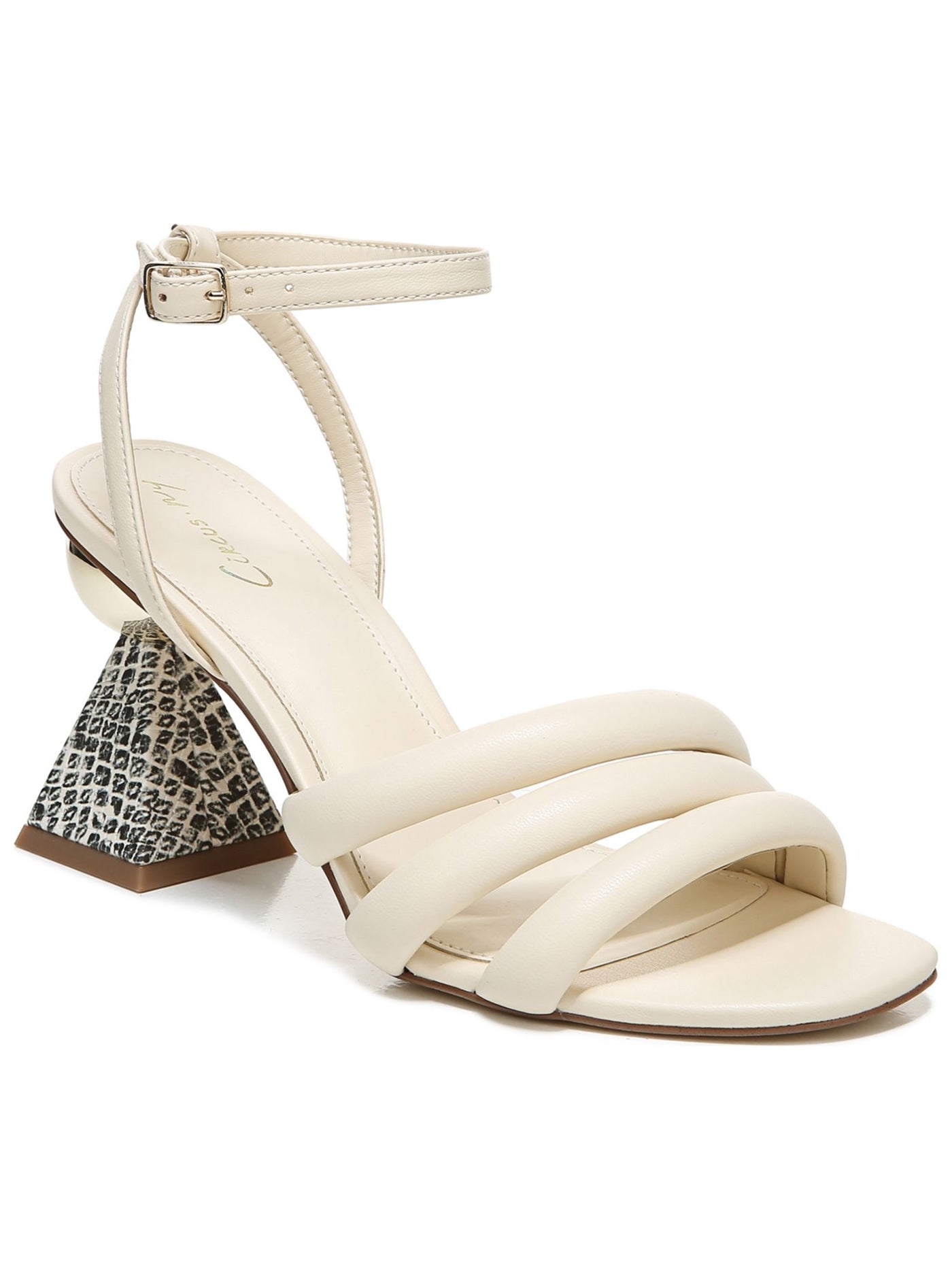 CIRCUS BY SAM EDELMAN Womens Ivory Mixed Media Metallic Logo Triple Straps Ankle Strap Cushioned Bobbie Square Toe Buckle Dress Heeled Sandal 8 M