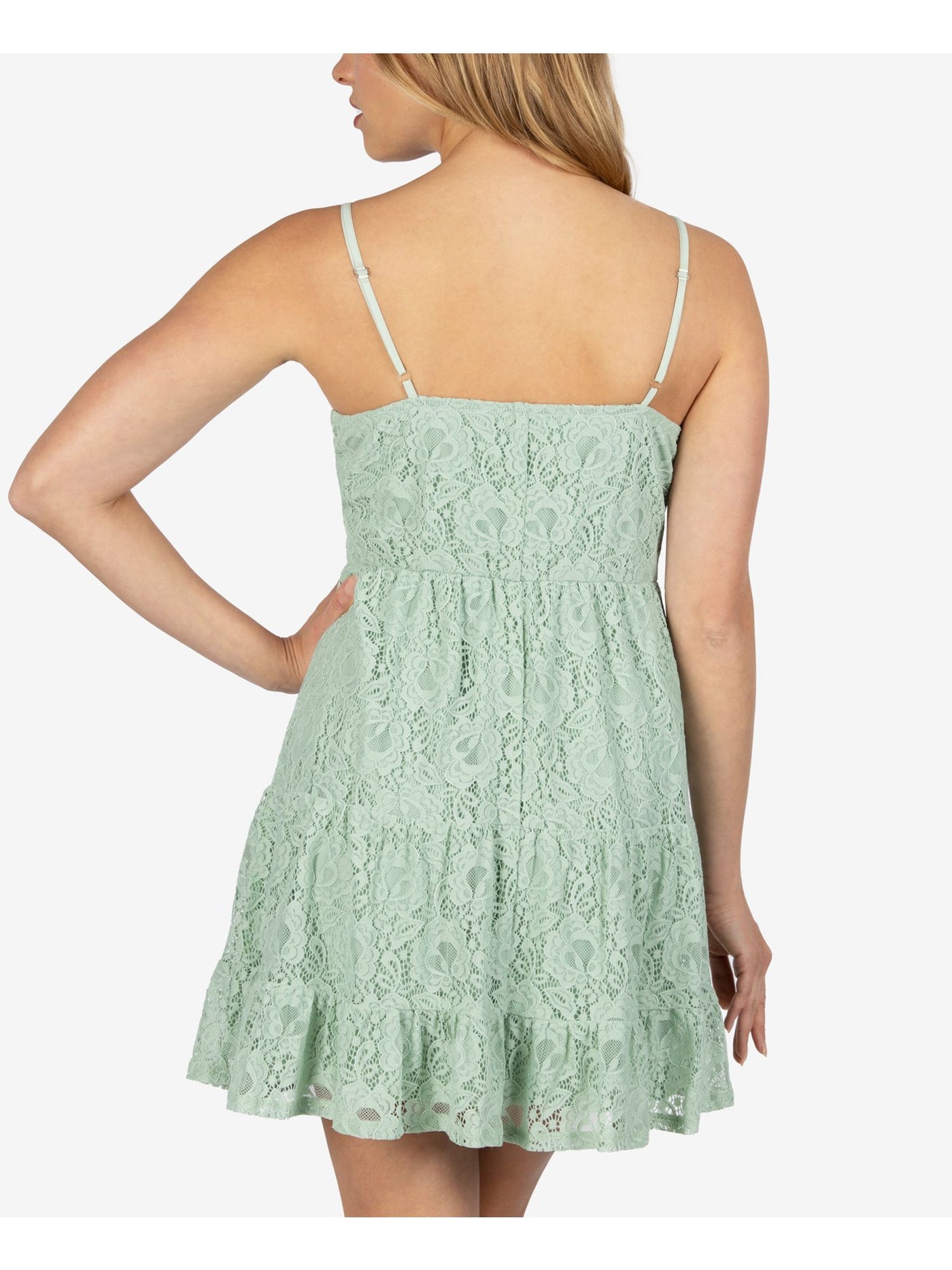 SPEECHLESS Womens Green Lace Ruffled Spaghetti Strap Jewel Neck Short Dress M