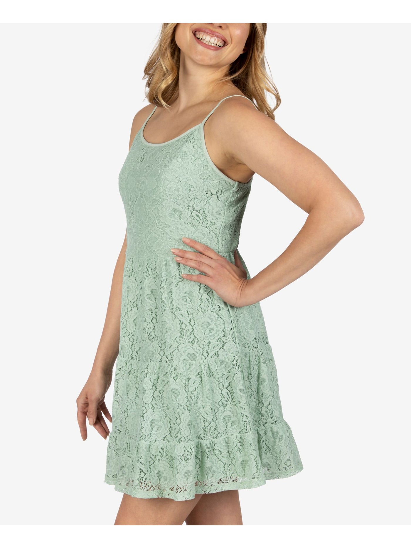 SPEECHLESS Womens Turquoise Lace Ruffled Spaghetti Strap Jewel Neck Short Dress Juniors S