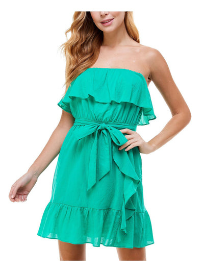 CITY STUDIO Womens Green Belted Strapless Short Fit + Flare Dress 1