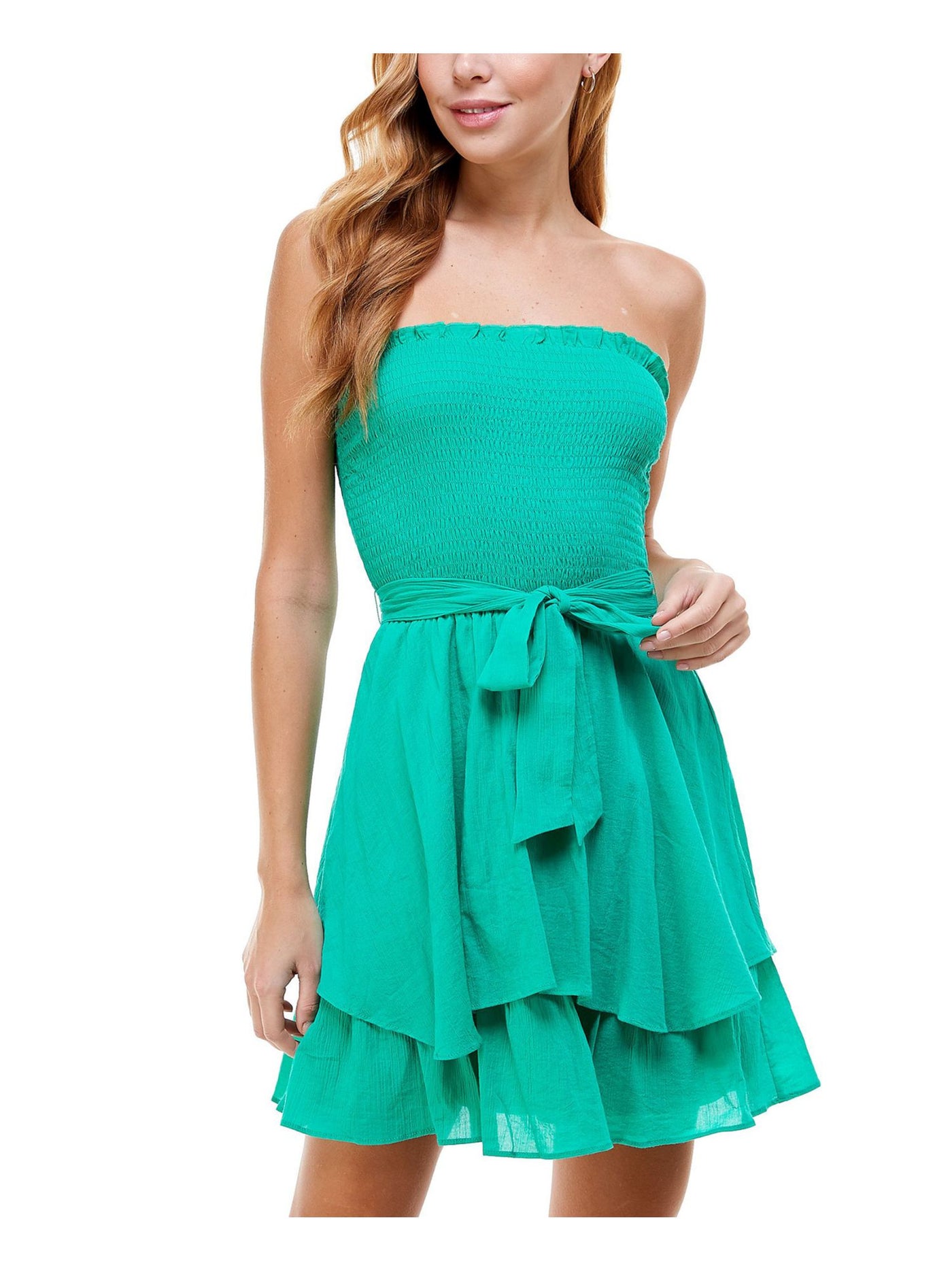 CITY STUDIO Womens Green Ruffled Tie Smocked Strapless Short Party Fit + Flare Dress L