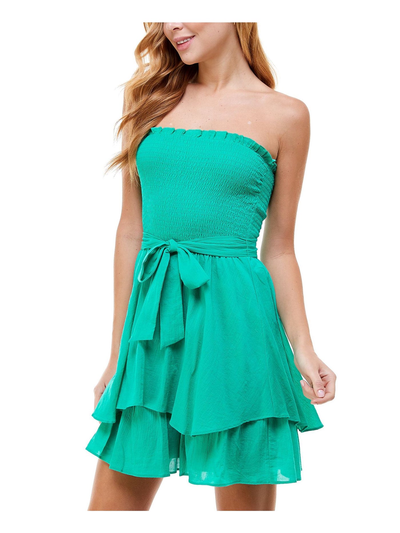 CITY STUDIO Womens Green Ruffled Tie Smocked Strapless Short Party Fit + Flare Dress Juniors XL