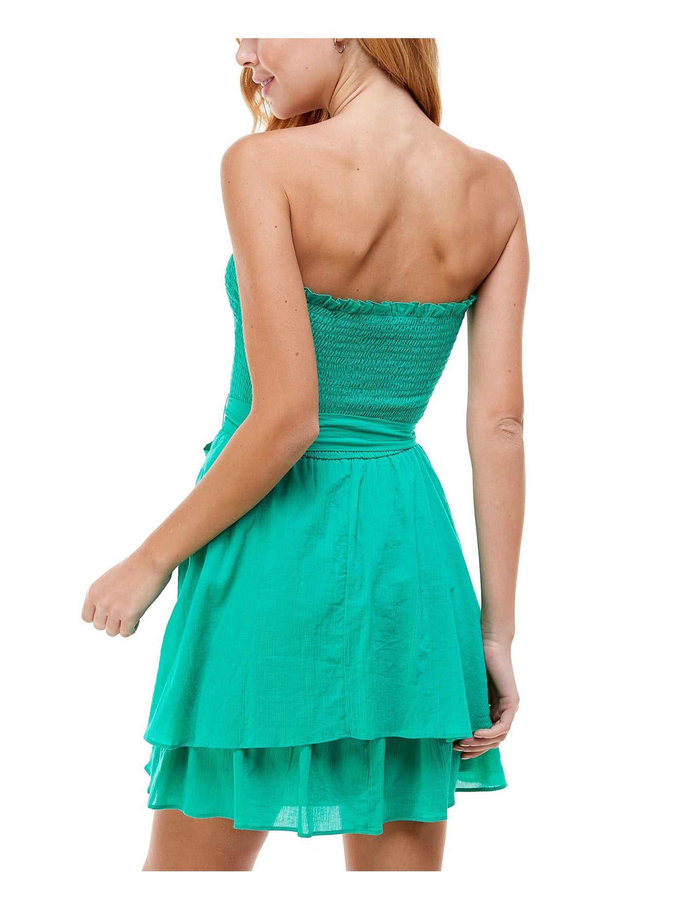 CITY STUDIO Womens Green Ruffled Tie Smocked Strapless Short Party Fit + Flare Dress Juniors L