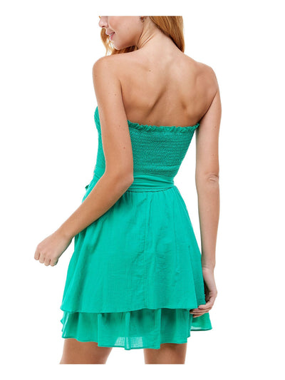 CITY STUDIO Womens Green Ruffled Tie Smocked Strapless Short Party Fit + Flare Dress S