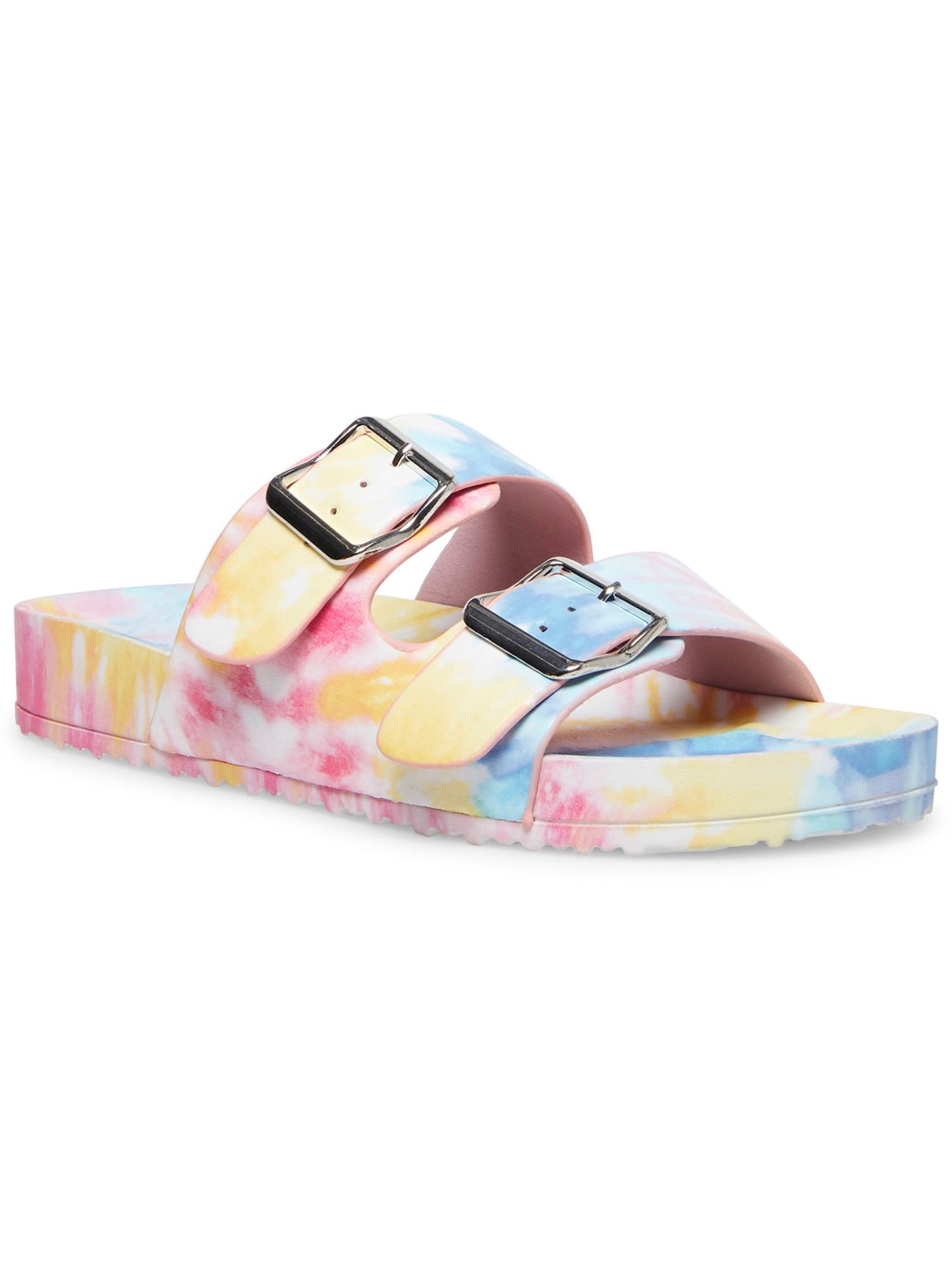 MADDEN GIRL Womens Pink Tie Dye Adjustable Strap Comfort Teddy Round Toe Platform Buckle Slide Sandals 7