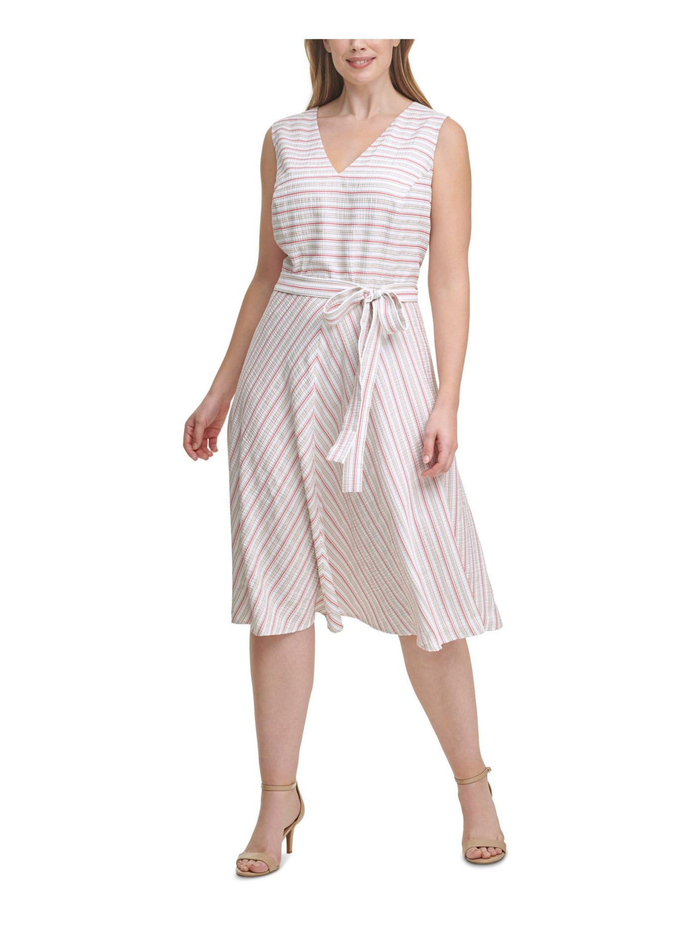 TOMMY HILFIGER Womens Ivory Zippered Tie Striped Pouf Sleeve V Neck Below The Knee Fit + Flare Dress Plus 20W