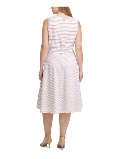 TOMMY HILFIGER Womens Ivory Zippered Tie Striped Pouf Sleeve V Neck Below The Knee Fit + Flare Dress Plus 20W