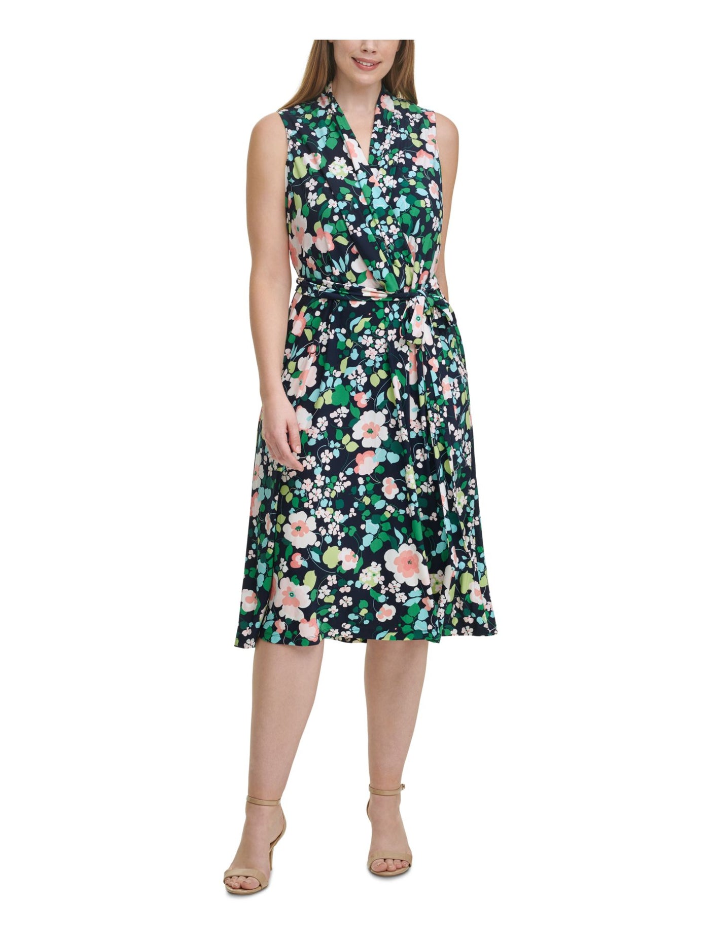 TOMMY HILFIGER Womens Navy Belted Fitted Floral Surplice Neckline Below The Knee Wear To Work Faux Wrap Dress Plus 16W
