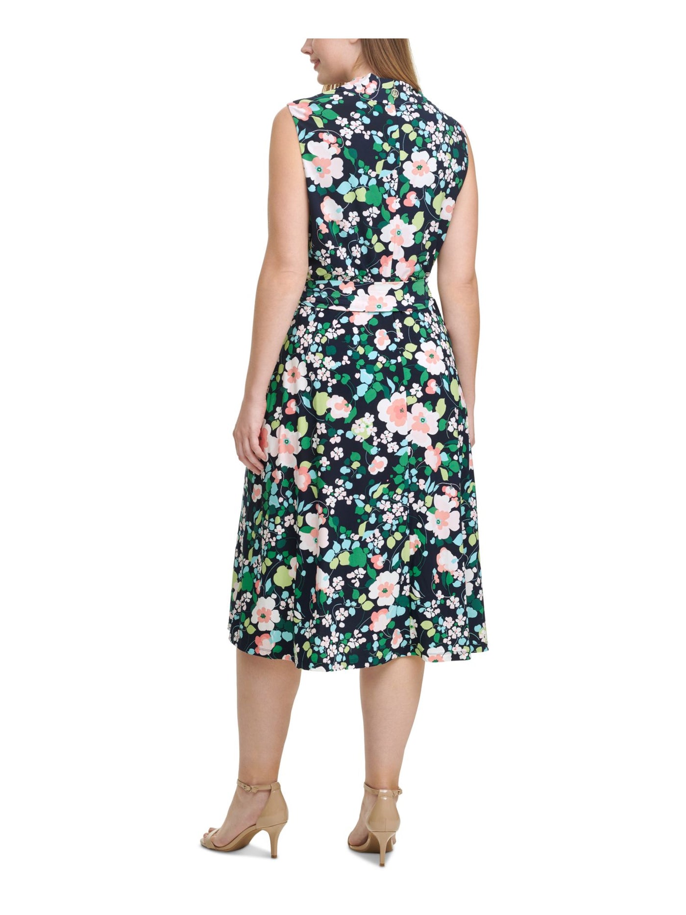 TOMMY HILFIGER Womens Navy Belted Fitted Floral Surplice Neckline Below The Knee Wear To Work Faux Wrap Dress Plus 22W