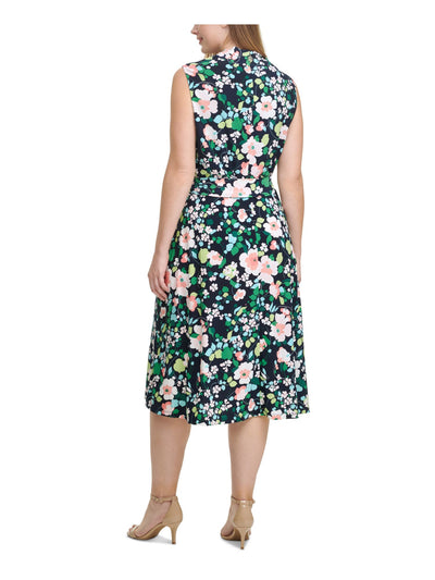 TOMMY HILFIGER Womens Navy Belted Fitted Floral Surplice Neckline Below The Knee Wear To Work Faux Wrap Dress Plus 20W