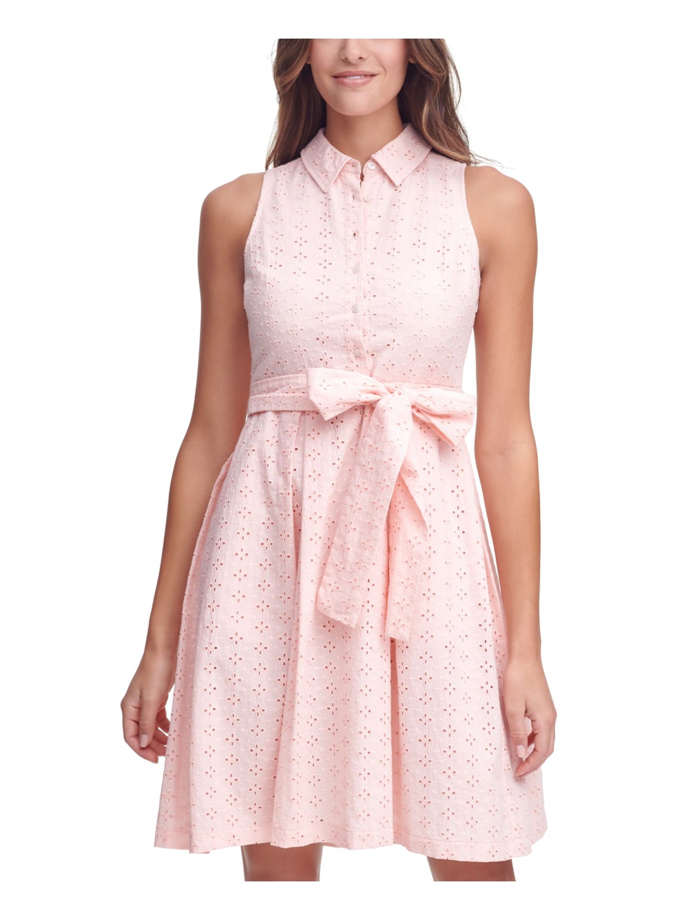 TOMMY HILFIGER Womens Pink Eyelet Zippered Pocketed Belted Buttoned Sleeveless Point Collar Above The Knee Party Shirt Dress Petites 8P